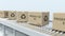 Boxes with PRODUCT OF EU text on roller conveyor. European Union import or export related 3D rendering