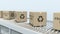 Boxes with PRODUCT OF SERBIA text on roller conveyor. Serbian import or export related 3D rendering