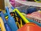 Boxes of sports equipment in the storage room