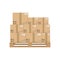 Boxes on wooded pallet. Brown closed carton delivery packaging boxes with fragile signs on wooden pallet