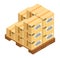 Boxes at wooden pallet, postal transportation product in carton packages isolated at white