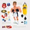 Boxing character with gym training equipment - vector