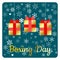 Boxing Day. Holiday in the UK and the British Commonwealth. 26 December. Gifts. Hanging gift boxes. Background with snowflakes.