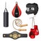 Boxing equipment punchbag on chain, protective headgear mask, leather gloves