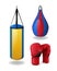 Boxing equipment set isolated, red gloves and punching bags