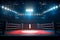 Boxing fight ring close-up. Interior view of sport arena with fans and shining spotlights. Digital sport 3D illustration.