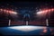 Boxing fight ring close-up. Interior view of sport arena with fans and shining spotlights. Digital sport 3D illustration.