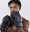 Boxing gloves, strong man and fitness portrait to fight for sports training and workout in studio. Athlete boxer person