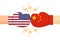 Boxing gloves between USA and China flags on white background