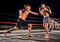 Boxing ring, boxer match and sports men energy in dark arena competition or extreme tournament battle with gloves