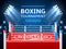 Boxing ring poster. Realistic battle stage, fighting arena, playground and fences, professional spotlights, auditorium