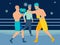 Boxing round. Boxers fight. In minimalist style. Cartoon flat raster