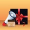 Boxing sales design with megaphone, calendar and gift box over orange background