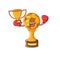 Boxing winner soccer trophy above cartoon wooden table