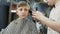 Boy 7-8 years old in barbershop. Happy little boy in beauty salon. Male wizard makes hairstyle child. Barber cuts the