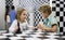 Boy adn girl solving puzzle together in room stylized like chessboard