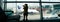 Boy on airport window background