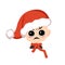 Boy with angry emotions, grumpy face, furious eyes in red Santa hat