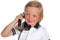 Boy with antique telephone
