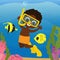 A boy aquadiver swims underwater with fish. Picture for children\\\'s puzzles. Cute baby in the underwater world.