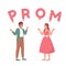 Boy asking girl to prom with balloons semi flat color vector characters