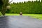 The boy assembles a new trampoline and stretches the springs to jump