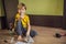 Boy assembling furniture. Boy helping his dad at home. Happy Family concept