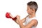 Boy athlete puts on a red glove for karate, on a white background