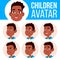 Boy Avatar Set Kid Vector. Afro American. Black. High School. Face Emotions. Flat, Portrait. Cute, Comic, Web. Cartoon