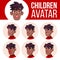 Boy Avatar Set Kid Vector. Black. Afro American. Face Emotions. Kid, Child. Friendly, Weeping. Cartoon Head Illustration
