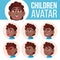 Boy Avatar Set Kid Vector. Black. Afro American. High School. Face Emotions. School Student. Kiddy, Birth. Cartoon Head