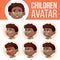 Boy Avatar Set Kid Vector. Black. Afro American. Primary School. Face Emotions. Emotions, Emotional. Friendly, Weeping