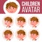 Boy Avatar Set Kid Vector. Kindergarten. Face Emotions. Cartoon, Comic, Flat. Little, Cute, Comic. Postcard