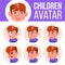 Boy Avatar Set Kid Vector. Primary School. Face Emotions. Children, Young People. Childish, Happiness Enjoyment. Cartoon