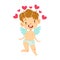 Boy Baby Cupid With Many Pink Hearts, Winged Toddler In Diaper Adorable Love Symbol Cartoon Character
