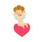 Boy Baby Cupid Sitting On Heart, Winged Toddler In Diaper Adorable Love Symbol Cartoon Character