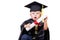 A boy in a bachelor or master suit with diploma scroll isolated on a white background. Early development, graduation, education,