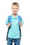 boy with backpack ready to go to school, portrait on white
