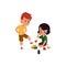 Boy with bad behaviour bullying crying girl, cartoon kid kicking his sister`s toy cubes