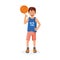 Boy basketball player with the ball. Small child plays basketball. Colorful cartoon illustration in flat . Children`s sport