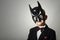 Boy in Batman Mask. Funny Child in Black Suit