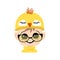 Boy with big eyes and wide happy smile in cute yellow chicken hat with glasses