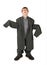 Boy in big man\'s suit, boots and glasses floor