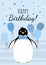 Boy birthday card with boy pinguin in blue colors.