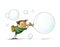 Boy blowing hard to make a big soap bubble. isolated