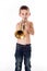 Boy blowing into a trumpet
