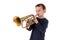 Boy blowing into a trumpet