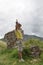 boy in a blue hat staing near ruins of the ancient fortress of S