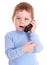 Boy in blue speak on phone.