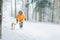 Boy in bright yellow parka walks with his beagle dog in snowy pine forest. Walking with pets and winter outfit concept image